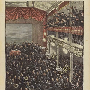The proclamation of the railway strike, the rally in the Railway Workers House in Milan (colour litho)