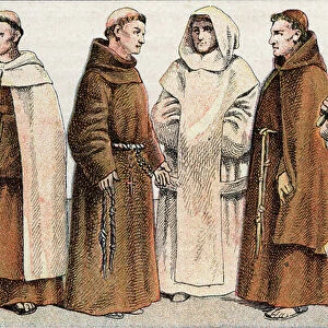 Religious costumes: from g a d portrait of a monk of the Order of Mount Carmel (Carme), a Franciscan monk, a Capuchin and a Trappist monk - Engraving - Religious costumes in the ancient times: from left to right, portrait of Carmelite friar