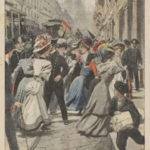 The sartine strike in Milan, a demonstration by the strikers against a large tailors shop on Corso V E (colour litho)
