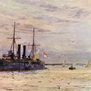 Second class cruiser of the Naval Defence Act Era, now converted into a mine-layer (colour litho)