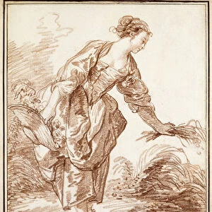 A Sheperdess Picking Flowers, (red chalk on paper)