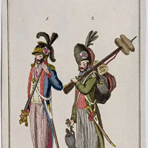Soldiers of the French Revolution carrying bayonets in 1793 (coloured engraving)