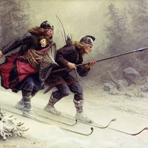 Soldiers for the Norwegian King Sverre, Torstein Skevla and Skjervald Skrukka carrying the kings son Hakon Hakonsson, 1869 (oil on canvas)