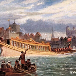 State Barge on the river Thames, time of Queen Elizabeth I (colour litho)