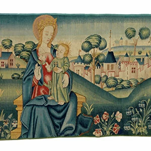 Tapestry fragment of mille fleurs depicting Saint Benedict presenting his heart to the Virgin Mary, 1500-25 (wool)