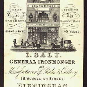 Trade card for I Salt, general ironmonger and manufacturer of rules and cutlery, Birmingham (engraving)