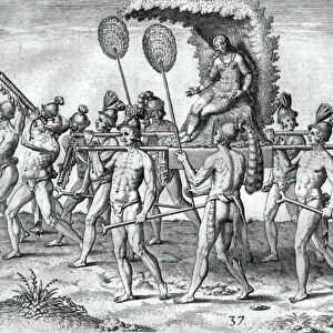 Tribe of the Timucua Indians: ceremony in which his chosen wife is brought to the chief (engraving)
