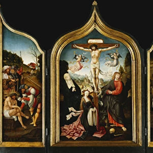 A Triptych: Christ on the Cross with the Virgin, the Magdalen, Saint John the Evangelist and Angels; on the Wings Christ Offered Vinegar Before the Crucifixion and the Lamentation, the Agony in the Garden and Ecce Homo, (oil on panel)