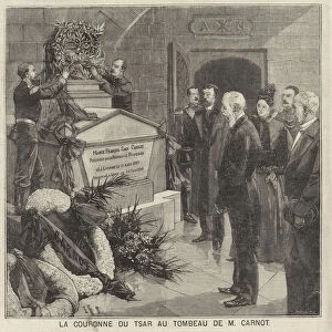 Tsar Nicholas II of Russia laying a crown on the tomb of assassinated French President Sadi Carnot, one of the architects of the Franco-Russian alliance, during his visit to France, 1896 (engraving)