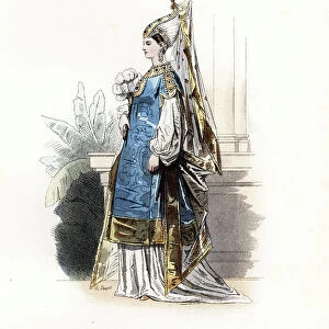 Turkish princess, after Theodore de Bry, 1556 - Handcoloured steel engraving by Hippolyte Pauquet from the Pauquet Brothers " Foreign Fashions and Costumes Ancient and Modern", Paris, 1865