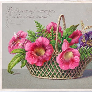 A Victorian Christmas card of flowers in a wicker basket, c. 1880 (colour litho)
