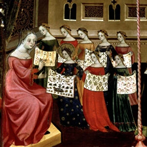 The Virgin Mary with her classmates showing needlework samplers to their teacher, detail from the Altarpiece of the Virgin and St. George, c. 1390-1400 (tempera on panel)