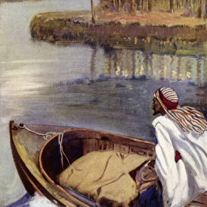 Walter Greenway, from his motor boat on the river Tigris, sees the sun rise on Bagdad (colour litho)