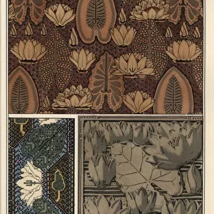 The water lily, Nelumbo lutea, in fabric, cross-stitch tapestry, and relief mold patterns. Lithograph by C. G. Schlumberger, 1897 (lithograph)