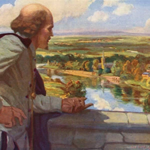 William Shakespeare looking out over England (colour litho)