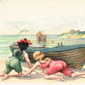 Two women in bathing costumes take cover behind a row boat (colour litho)