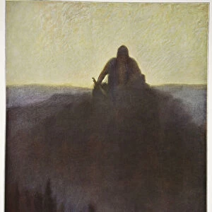 Wotan waits in Valhalla for the end with his broken spear, 1906 (colour litho)