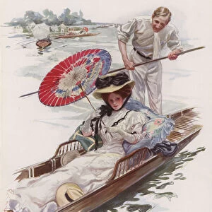 Young American woman enjoying a punt ride on an English river (colour litho)