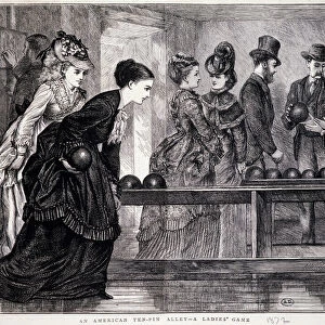 Young women playing bowling, in the United States, circa 1870 - engraving, 19th century
