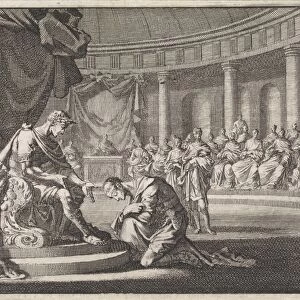 Archelaus, son of Herod, kneels before Caesar Augustus in Rome, Jan Luyken, Pieter