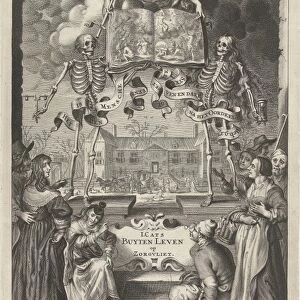 City People and peasants watching two skeletons and angel with book open by presentation
