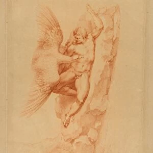Drawings Prints, Print, Prometheus, naked, chained rock, looking, up, eagle, standing