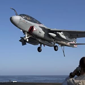 An EA-6B Prowler comes in for an arrested landing aboard USS Dwight D. Eisenhower