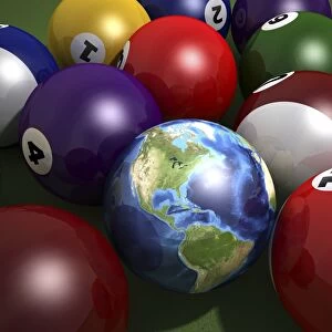 Pool table with balls and one of them as planet Earth