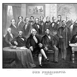 Vintage print of the first twenty-one Presidents seated together in The White House