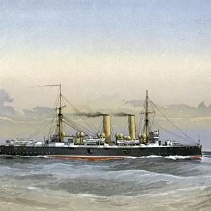 HMS Blenheim, Royal Navy 1st class cruiser, 1892. Artist: William Frederick Mitchell