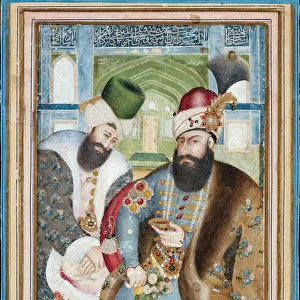 Karim Khan Zand with the Ottoman Ambassador Vehbi Effendi. Artist: Ghafari al-Mustawfi, Abu l Hasan (?-1794)