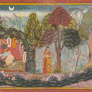 Krishna and Radha in a Bower: Page From a Dispersed Gita Govinda, ca. 1665. Creator: Sahibdin