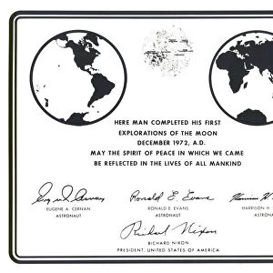 Replica of the plaque left on the Moon by Apollo 17 astronauts, 1972. Creator: NASA