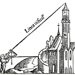 Using a quadrant with a plumb bob to calculate the height of a tower by triangulation, 1551