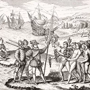 Discovery Of America, 12Th Of May, 1492. Columbus Erects The Cross And Baptizes The Isle Of Guanahami, Now Cat Island, One Of The Bahamas, By The Christian Name Of St. Salvador. From An Engraving On Copper By Theodor De Bry In The Collection Grands Voyages Printed 1590