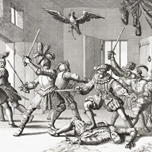 John and Alexander Ruthven, attempting to kidnap or kill James VI of Scotland, are seen here fighting for their lives against the Kings attendants after being caught in the act. They were killed. The incident, which happened in August 1600 at Gowrie House, Perth, Scotland, became known as the Gowrie Conspiracy. After an engraving by Jan Luyken