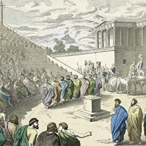 A play is performed in an ancient Greek theatron, or theatre. After a 19th century work by German artist Nikolaus Knilling