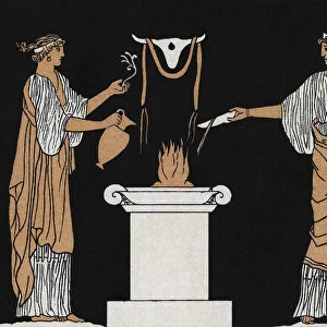Two priestesses in ancient Greece make offerings to the dead in the form of a libation poured upon a flame on an altar. After a work by English artist John Flaxman