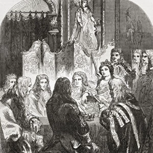Queen Anne with her privy council. Anne, 1665 -1714. Queen of England, Scotland and Ireland, 1702 - 1707. On 1 May 1707, under the Acts of Union, the kingdoms of England and Scotland united as a single sovereign state known as Great Britain. From Cassells Illustrated History of England, published c. 1890