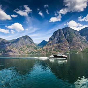 Scenic view of ferry on the Sognefjord, Sogn og Fjordane, Western Norway, Norway