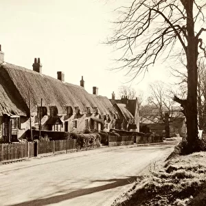 17th century thatched cottages at Cransford St. John in Northants Early spring