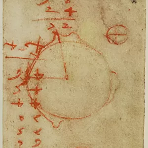 Mathematical calculations and geometrical sketches, writings from the Codex Forster II, c.36r, by Leonardo da Vinci, housed in the Victoria and Albert Museum, London