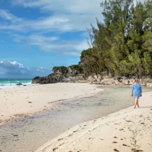 Bermuda, private beach at Rosewood Bermuda Hotel, Woman doing walking meditation