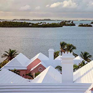 Bermuda, View to Harbor and Great Sound, and buildings with iconic white rooftops