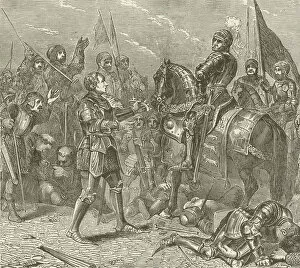 Lord Stanley bringing the Crown of Richard to Richmond, after the Battle of Bosworth (engraving)