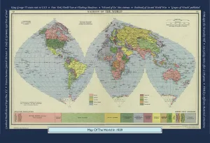 Historical World Map Prints: Historical World Events map 1939 US version